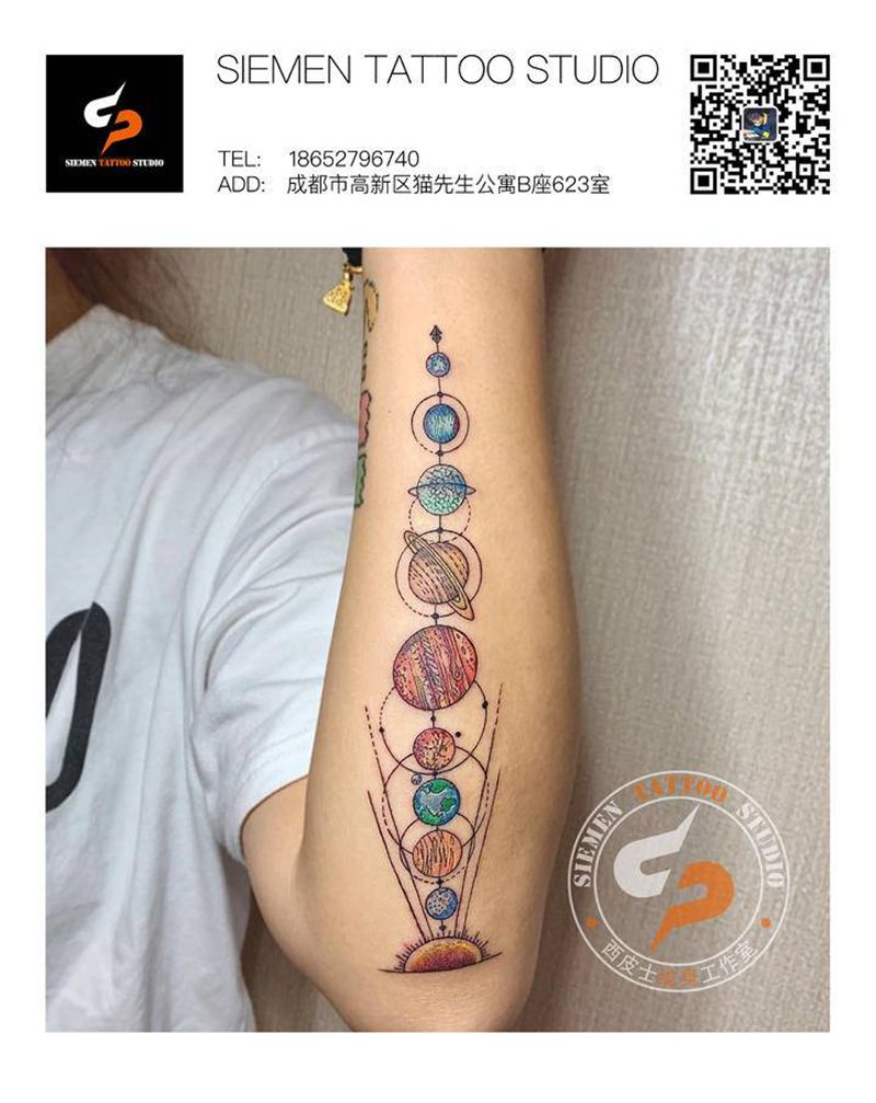 太阳系行星纹身图片_手臂几何水彩九大行星太阳系星球纹身图案