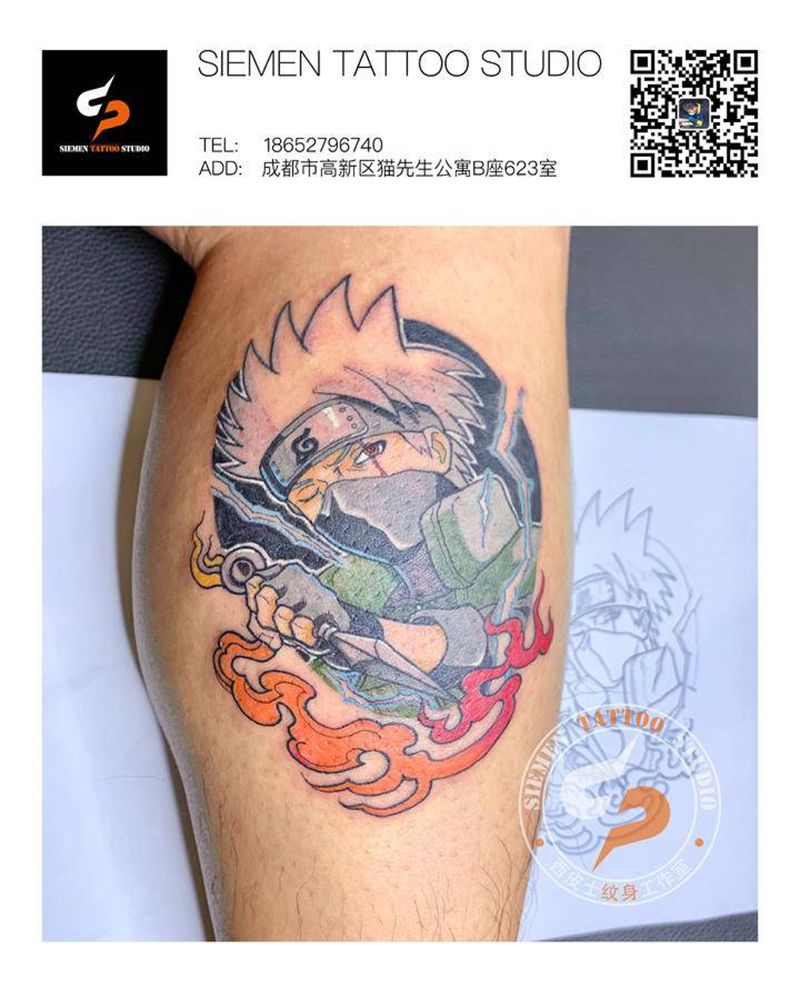 卡卡西纹身图片_腿部New School水彩卡通火影忍者卡卡西纹身图案