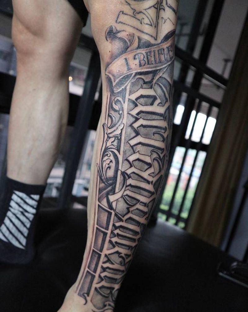 花腿设计纹身图片_腿部花体字欧美写实纹身图案