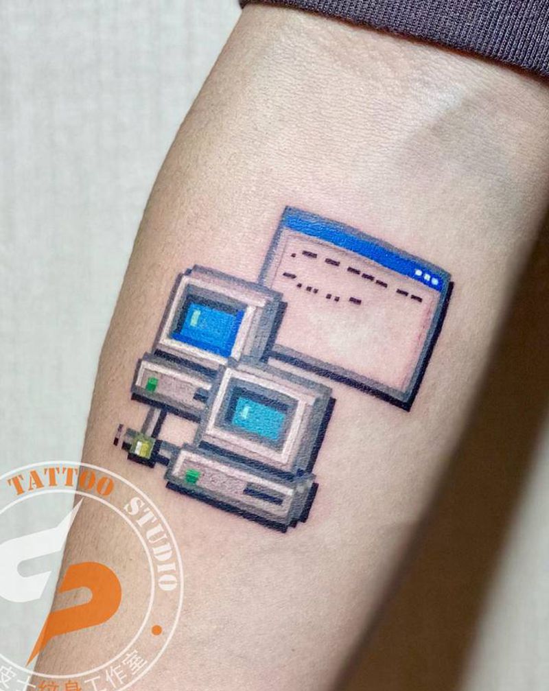 网上邻居纹身图片_手臂New School几何图标网上邻居像素画纹身图案
