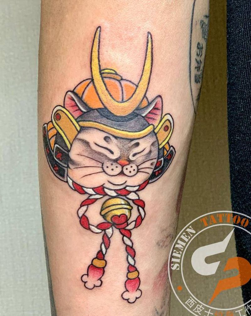 武士猫纹身图片_手臂新传统New School武士猫日式纹身图案