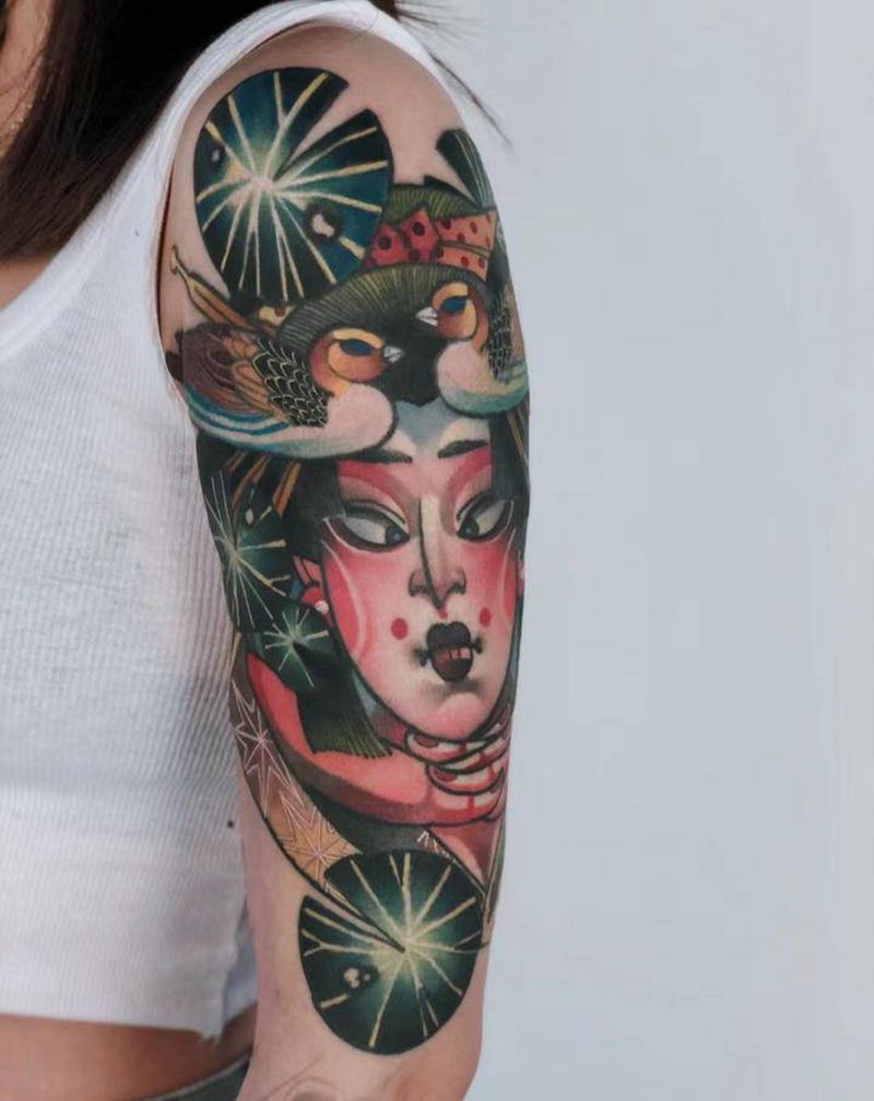 鸳鸯艺伎纹身图片_手臂New School纹身图案