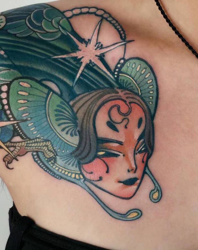 鸟人纹身图片_肩部胸部New School鸟艺伎蝴蝶纹身图案