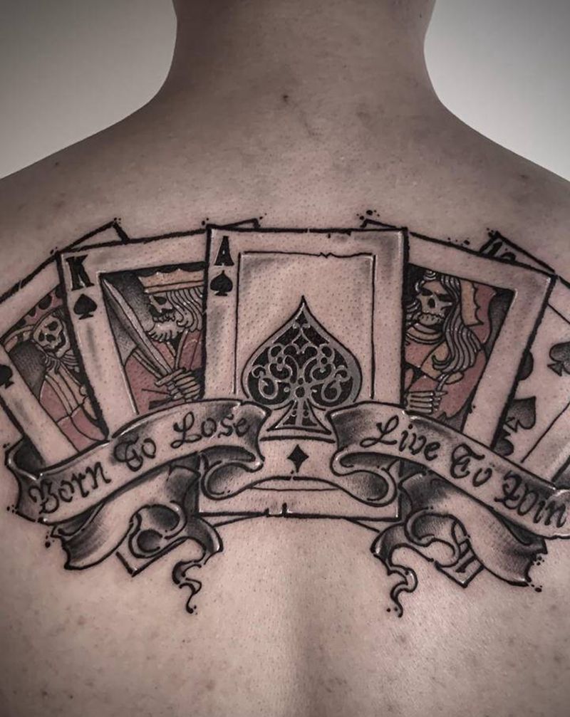 同花顺纹身图片_背部New School扑克纹身图案