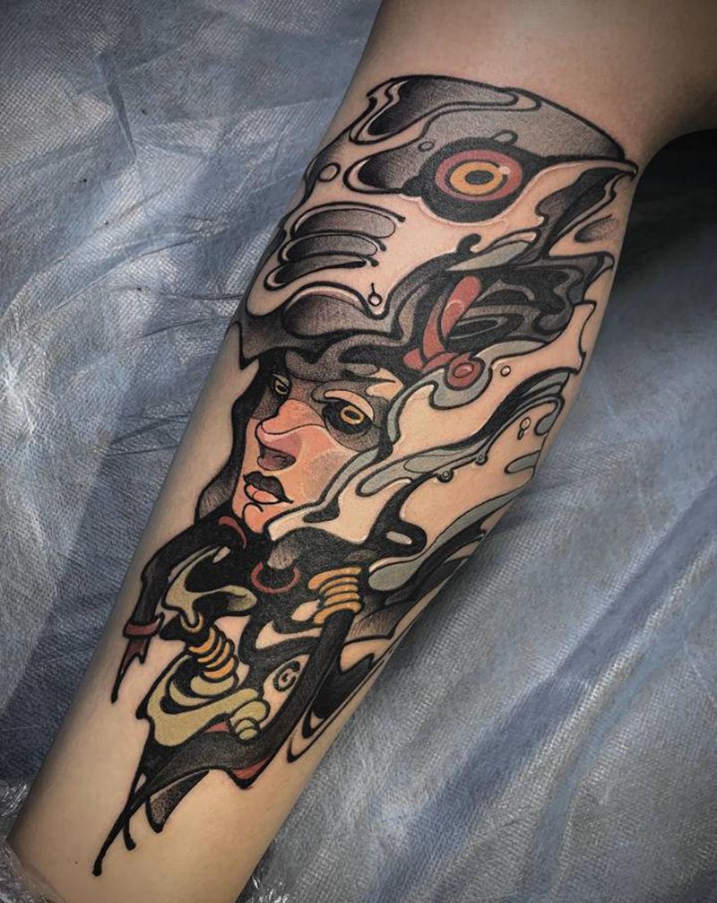 赛博人类纹身图片_腿部New School赛博朋克纹身图案