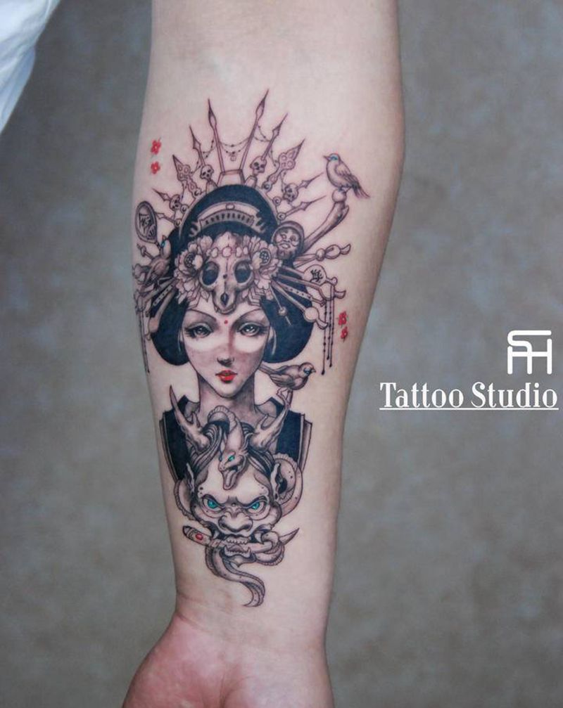 艺妓纹身图片_新传统纹身图案