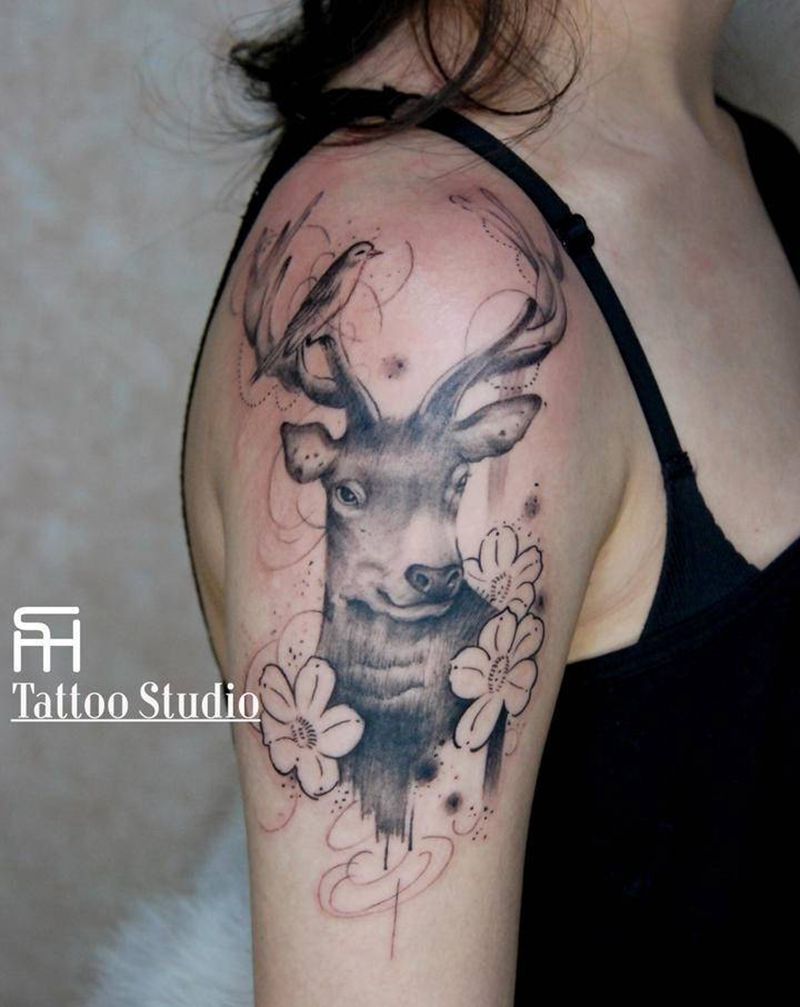 麋鹿纹身图片_欧美写实几何纹身图案