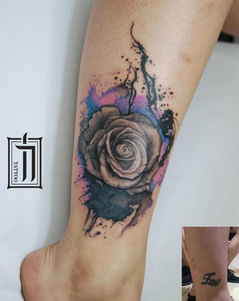 玫瑰遮盖纹身图片_脚部欧美写实纹身图案