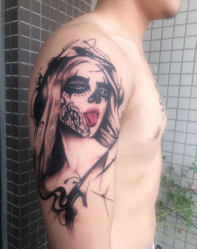 小丑女纹身图片_手臂欧美写实纹身图案