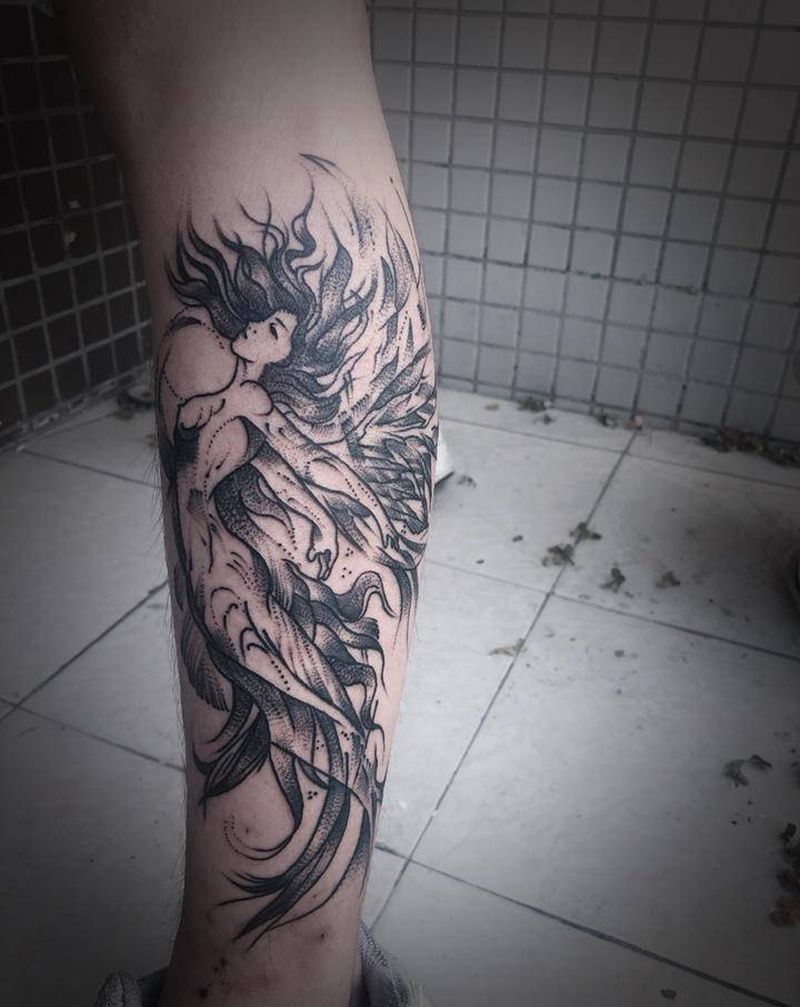 美人鱼纹身图片_腿部点刺纹身图案