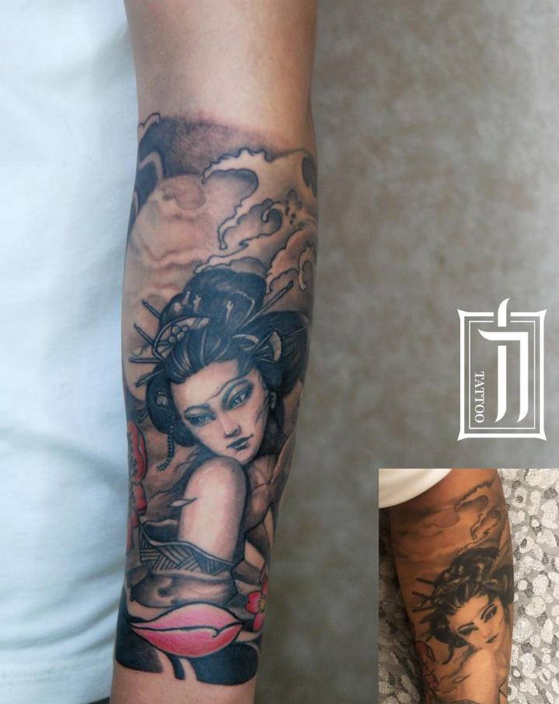 艺妓翻新纹身图片_手臂新传统纹身图案