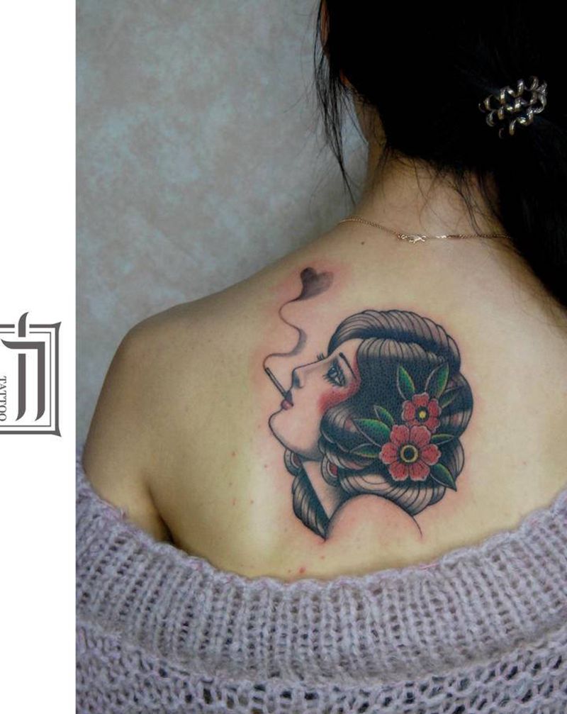 遮盖纹身图片_背部Old School纹身图案