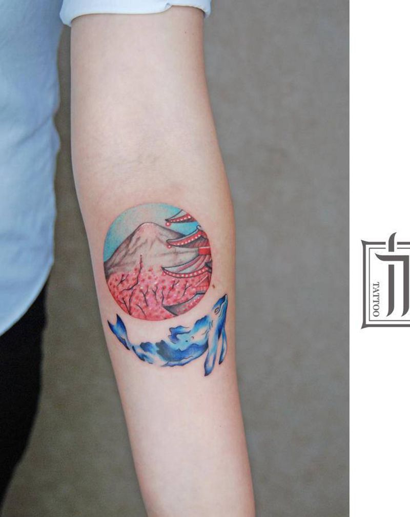 富士山下纹身图片_手臂小清新纹身图案