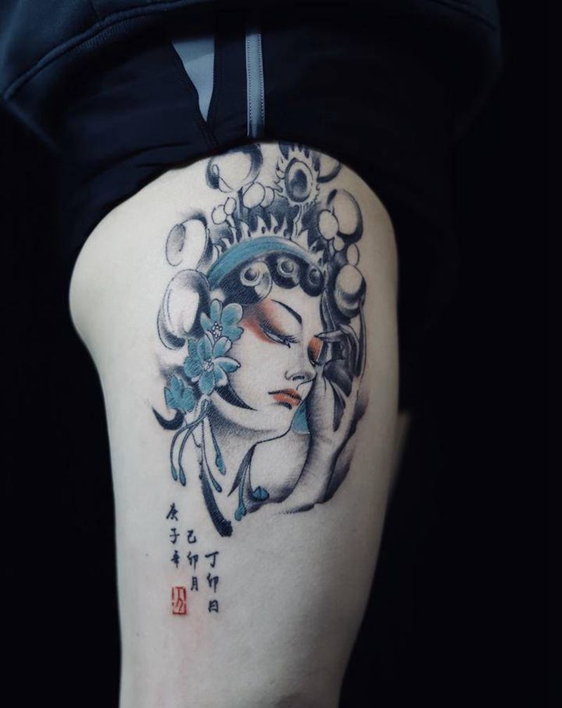 花旦纹身图片_腿部水墨纹身图案