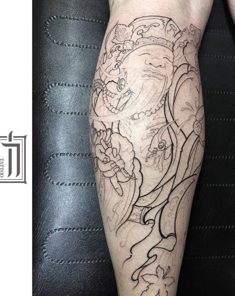财神纹身图片_腿部新传统纹身图案