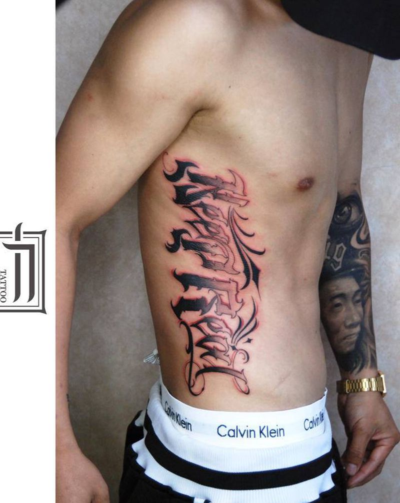 花体纹身图片_腰部花体字纹身图案