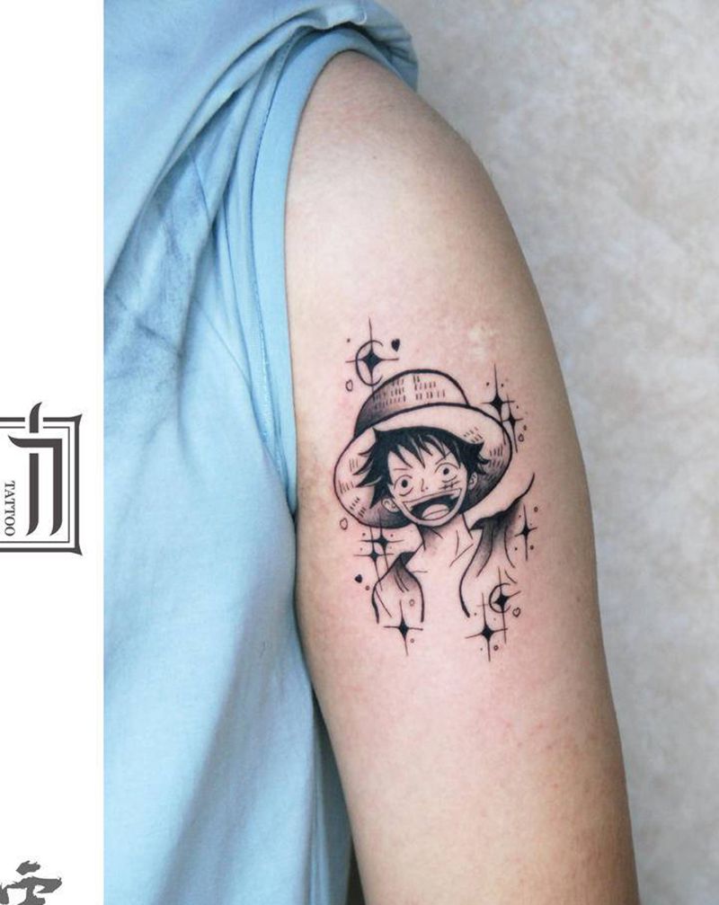 路飞纹身图片_手臂点刺几何纹身图案