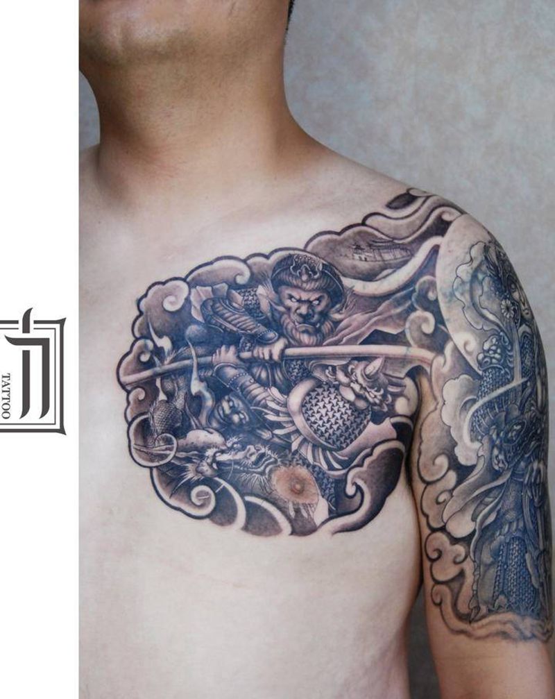 半甲纹身图片_手臂胸部新传统纹身图案