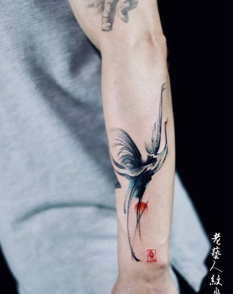 仙鹤纹身图片_水墨纹身图案