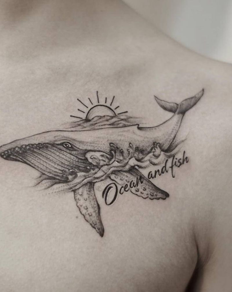 鲸纹身图片_肩部背部小清新纹身图案
