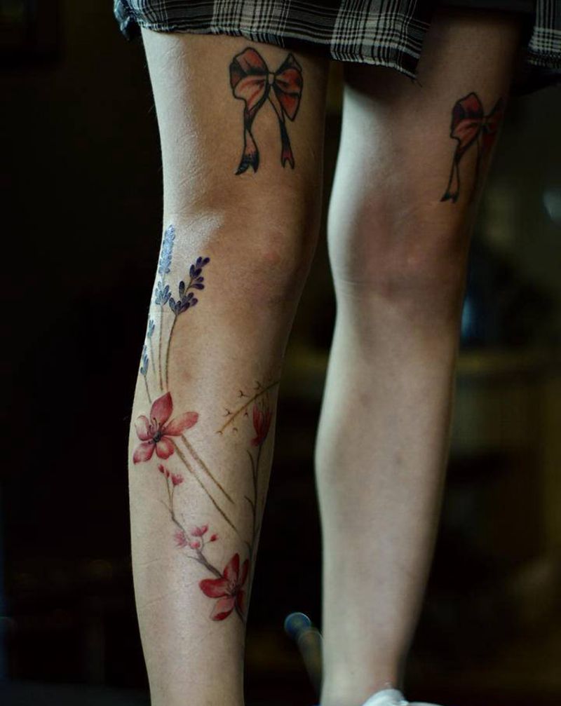 花腿纹身图片_腿部水彩水墨纹身图案