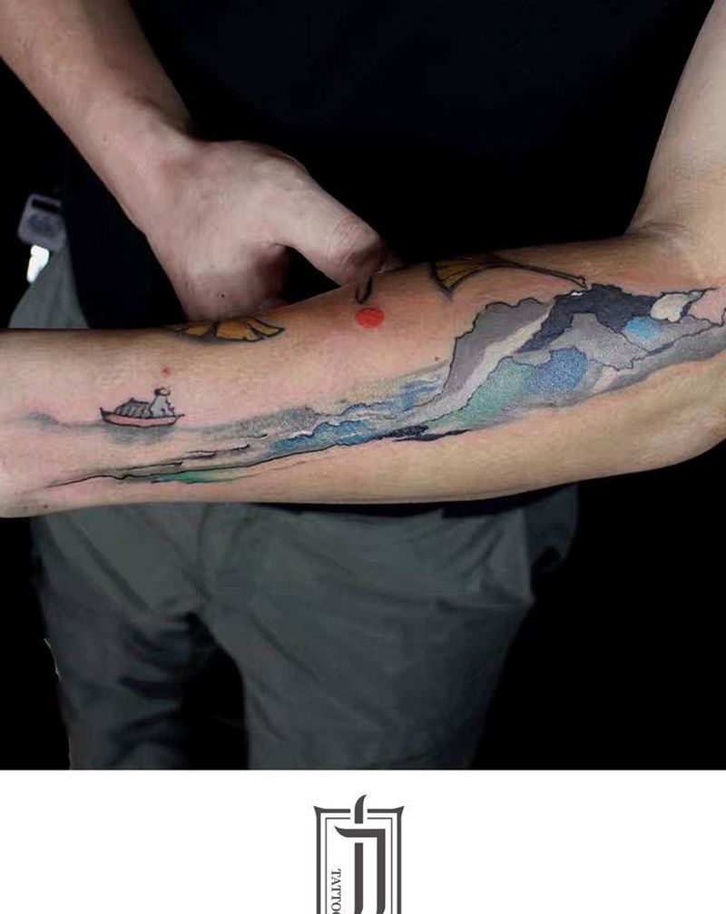 山水纹身图片_手臂水墨纹身图案