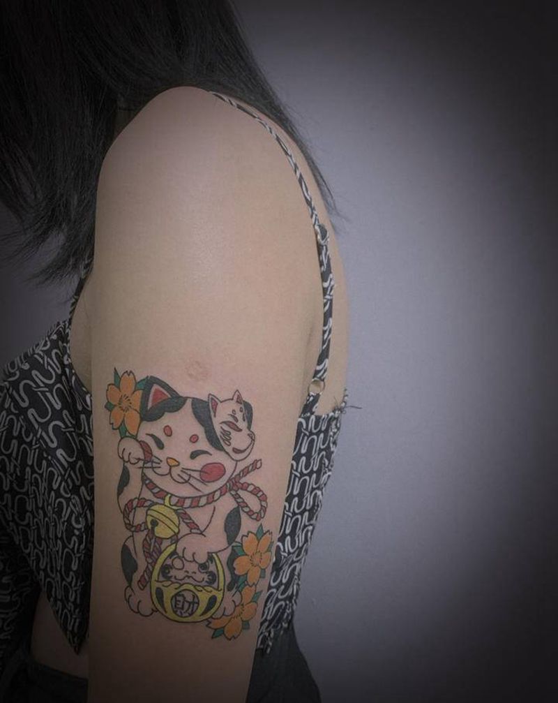 招财猫纹身图片_手臂老传统纹身图案