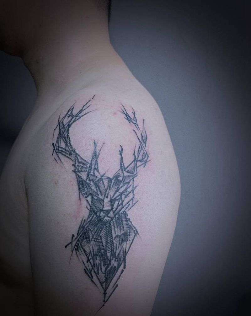 鹿纹身图片_手臂几何点刺纹身图案