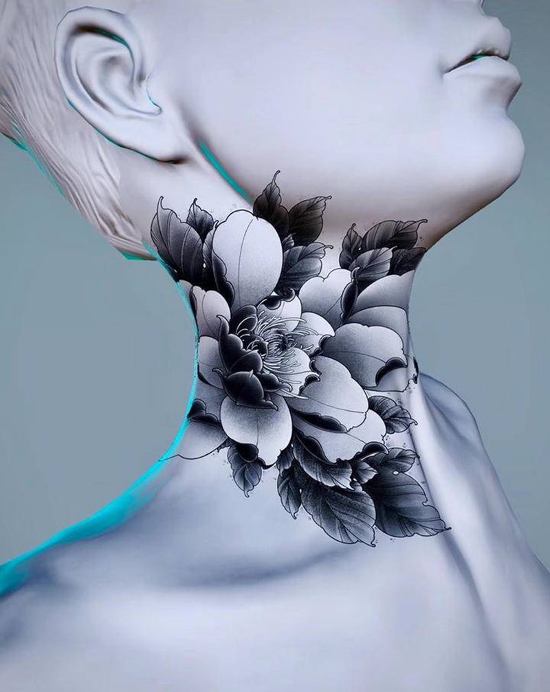 牡丹花纹身图片_颈部腿部纹身图案