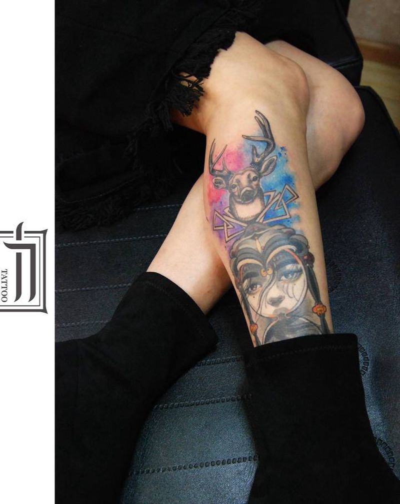 鹿纹身图片_腿部水彩纹身图案