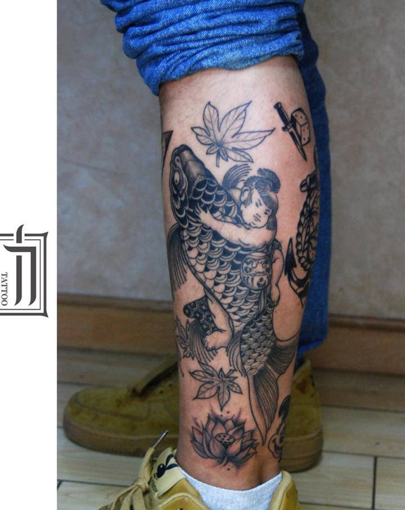 一次十图郎纹身图片_腿部Old School纹身图案