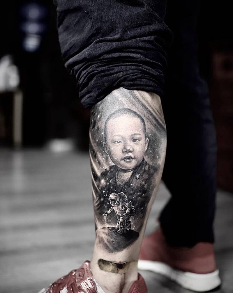 父爱纹身图片_腿部欧美写实纹身图案