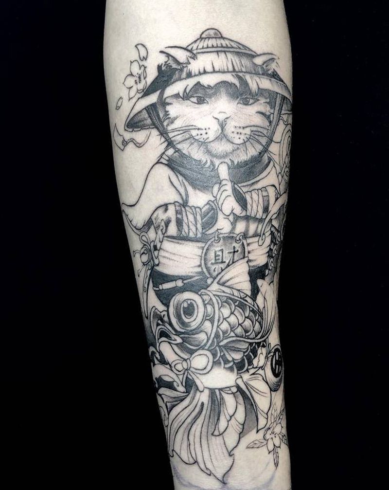 武士猫纹身图片_手臂新传统纹身图案