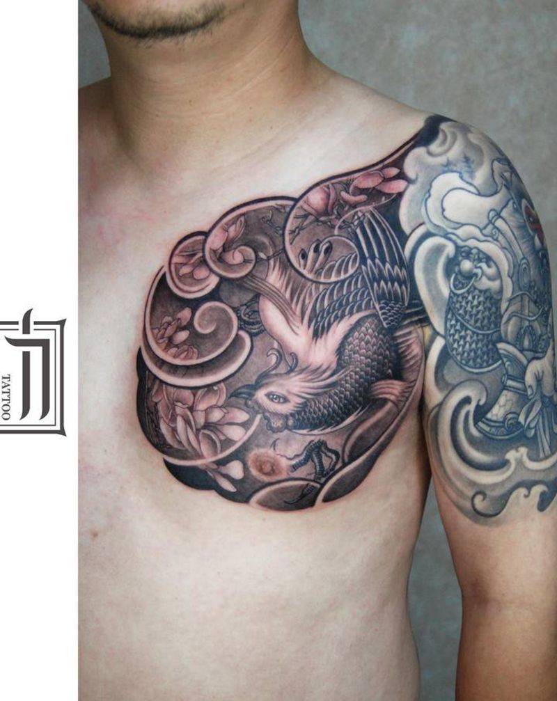 凤纹身图片_胸部新传统纹身图案
