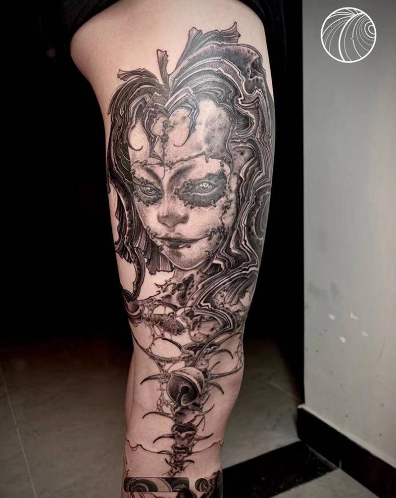 人皮客纹身图片_腿部纹身图案