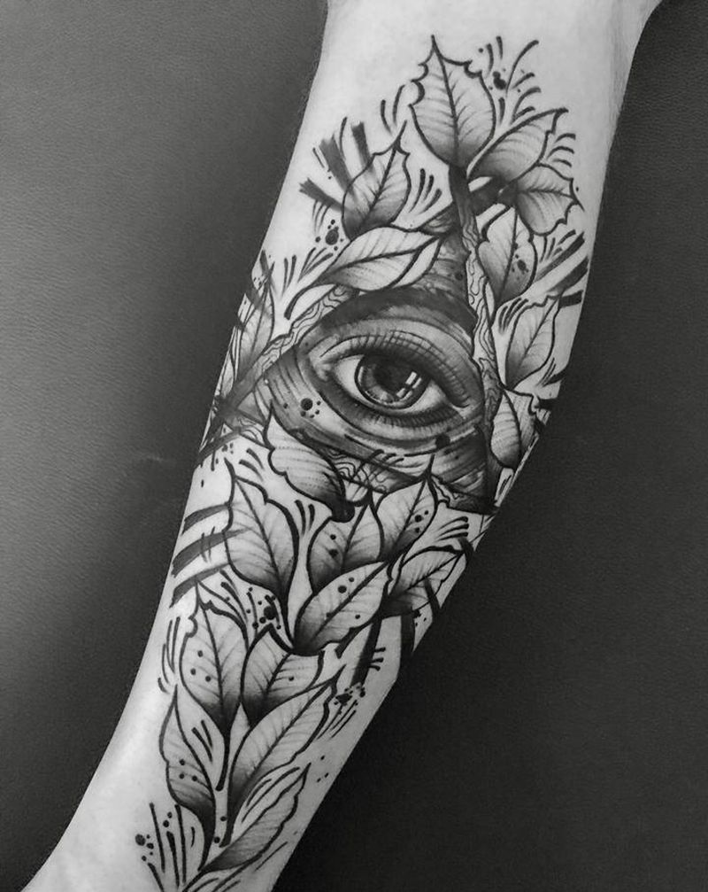 男士小腿-上帝之眼纹身图片_腿部点刺眼睛 叶子纹身图案