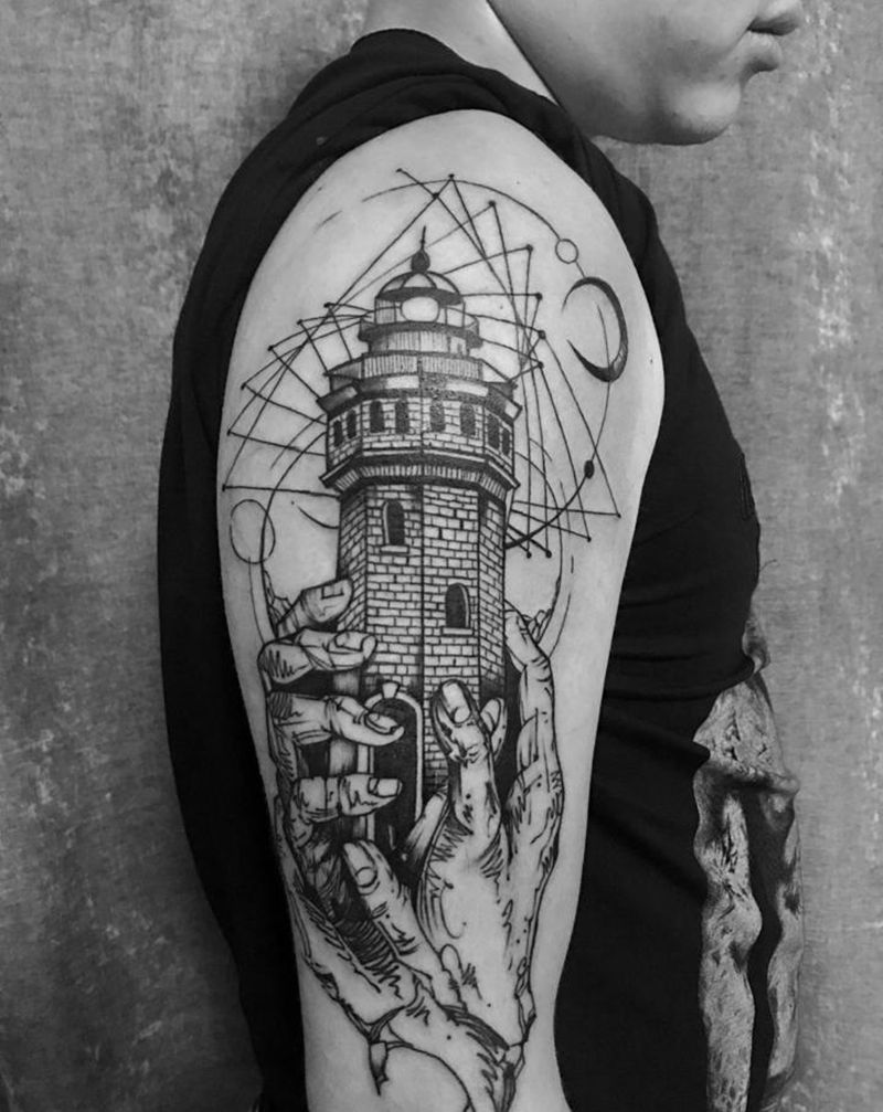 男士大臂-手握灯塔纹身图片_臀部点刺几何素描 手 塔纹身图案