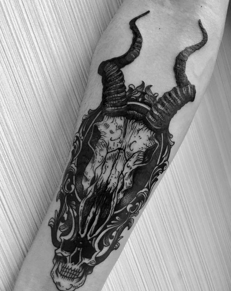 男士小臂-羊头骨纹身图片_手臂点刺几何羊 骷髅纹身图案