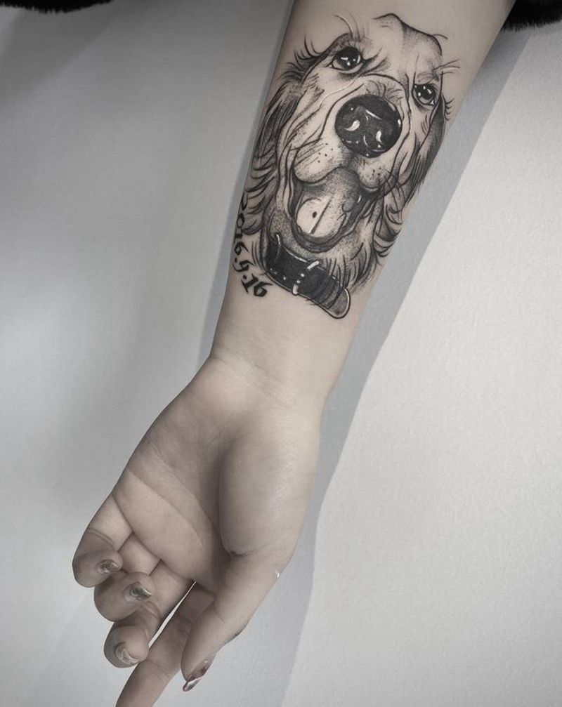 女生小臂-金毛狗纹身图片_手臂点刺金毛 狗狗纹身图案