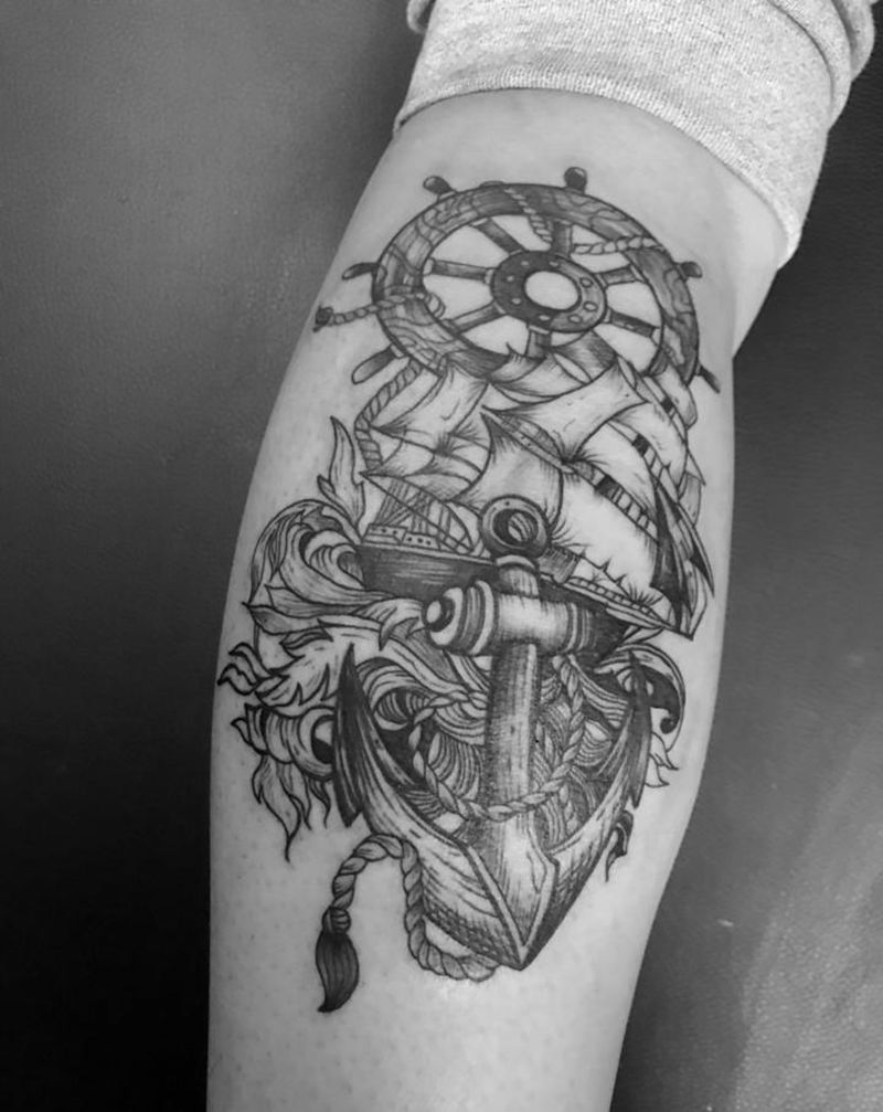 男生小腿背部-起航纹身图片_腿部点刺几何船 锚 舵纹身图案