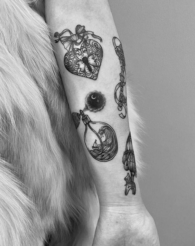 女生小臂-拼图花臂纹身图片_手臂点刺几何香水 热气球纹身图案