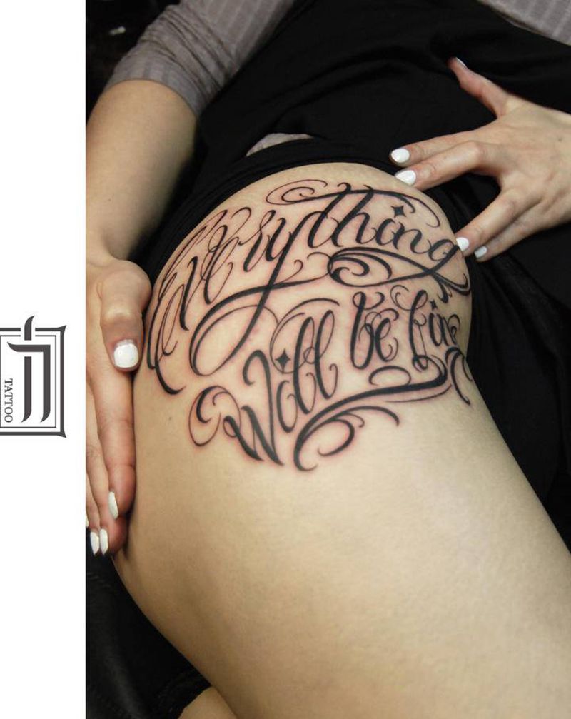 花体纹身图片_腿部花体字纹身图案