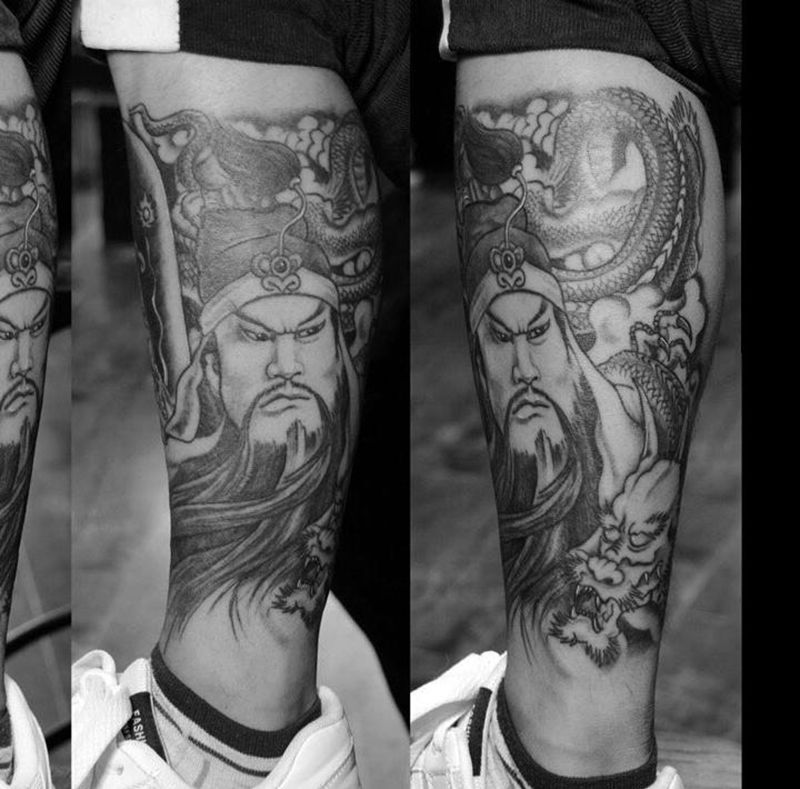 关公半包小腿纹身图片_成品腿部传统人物火骷髅自贡纹身图案