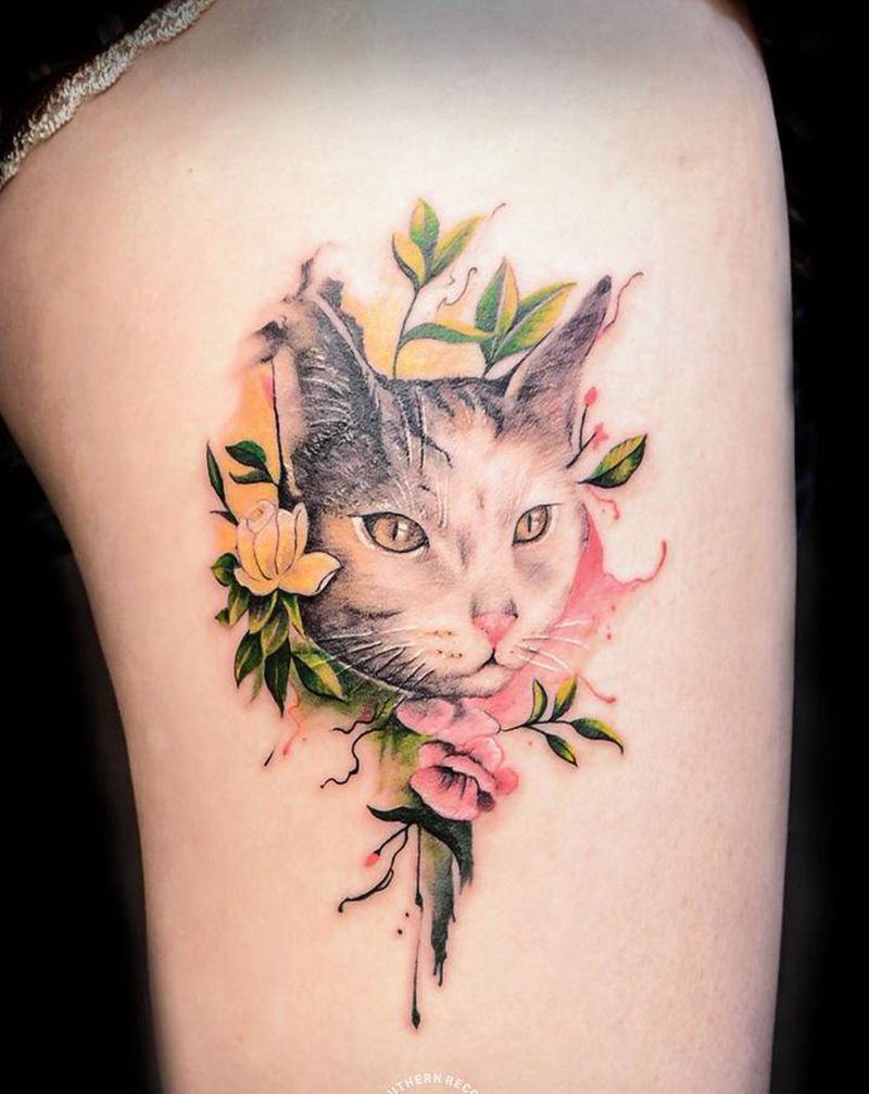 小猫咪纹身图片_腿部水彩纹身图案