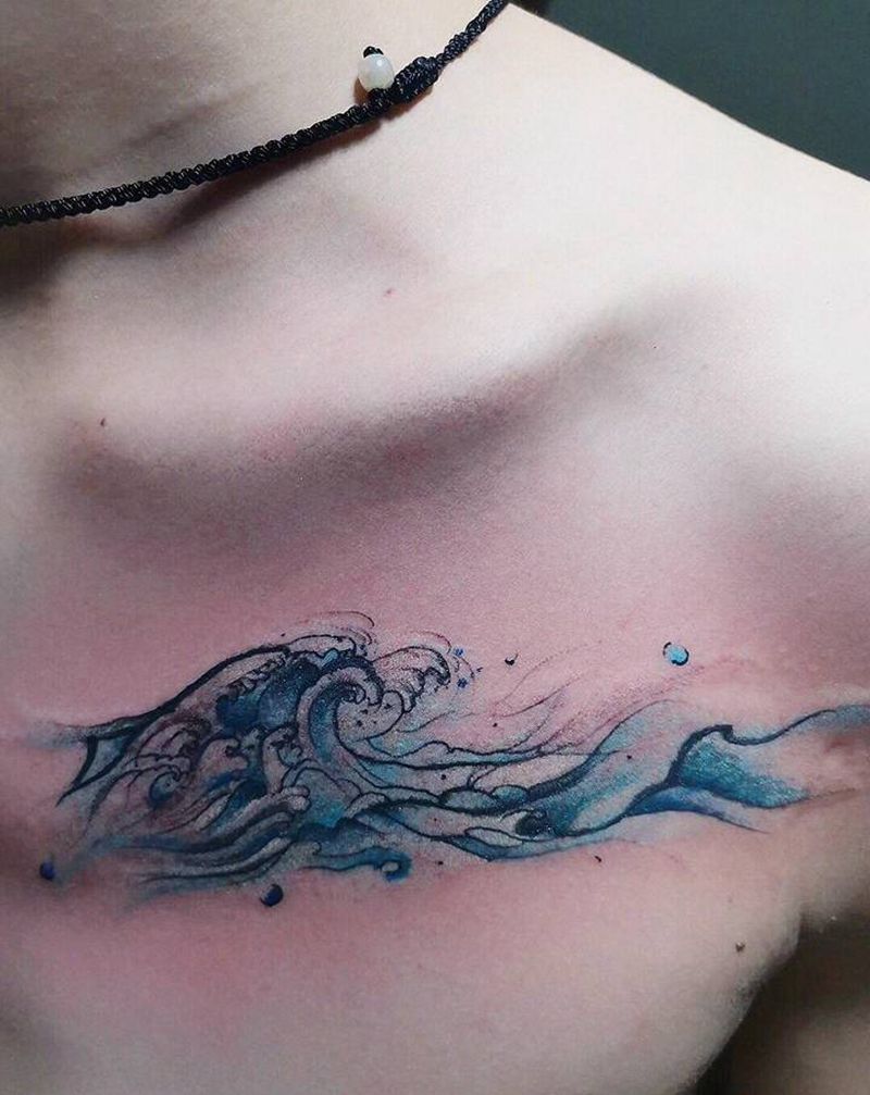 海浪纹身图片_肩部手臂水彩海浪浪花小清新纹身图案
