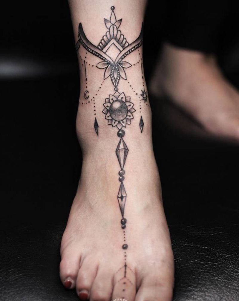 脚链纹身图片_脚部脚链纹身图案