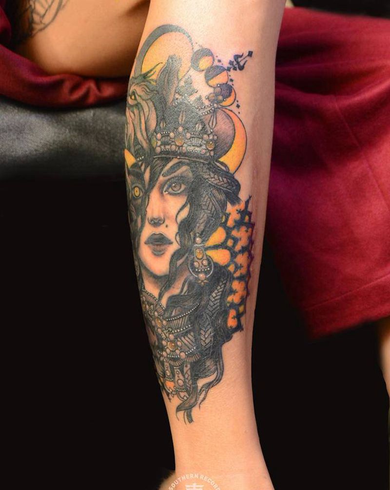 school女郎纹身图片_成品腿部欧美人物自贡火骷髅纹身图案