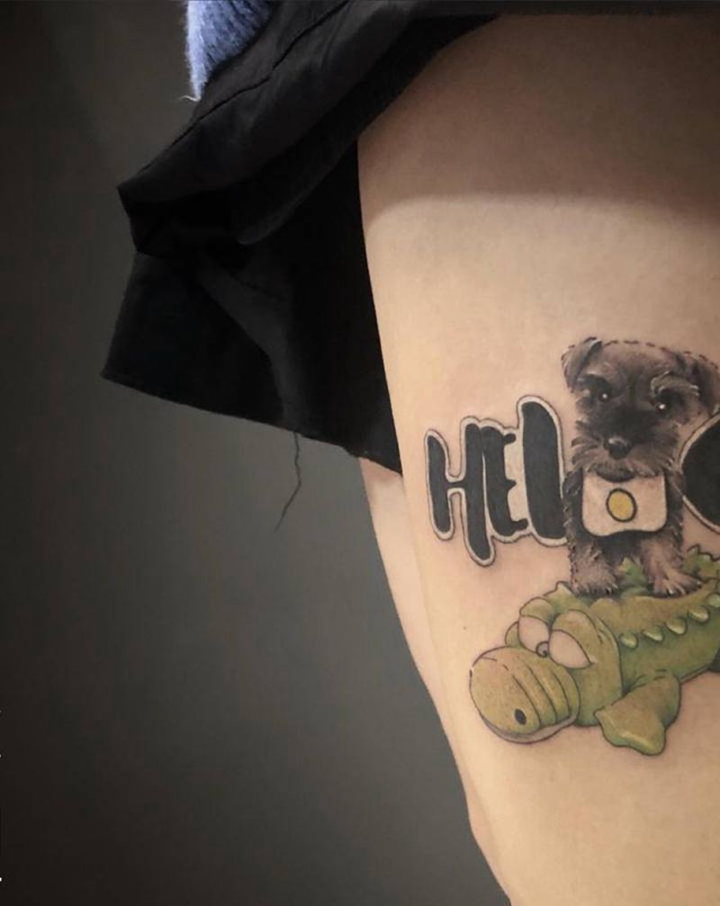 纪念爱犬 ，名叫你好纹身图片_腿部纹身图案