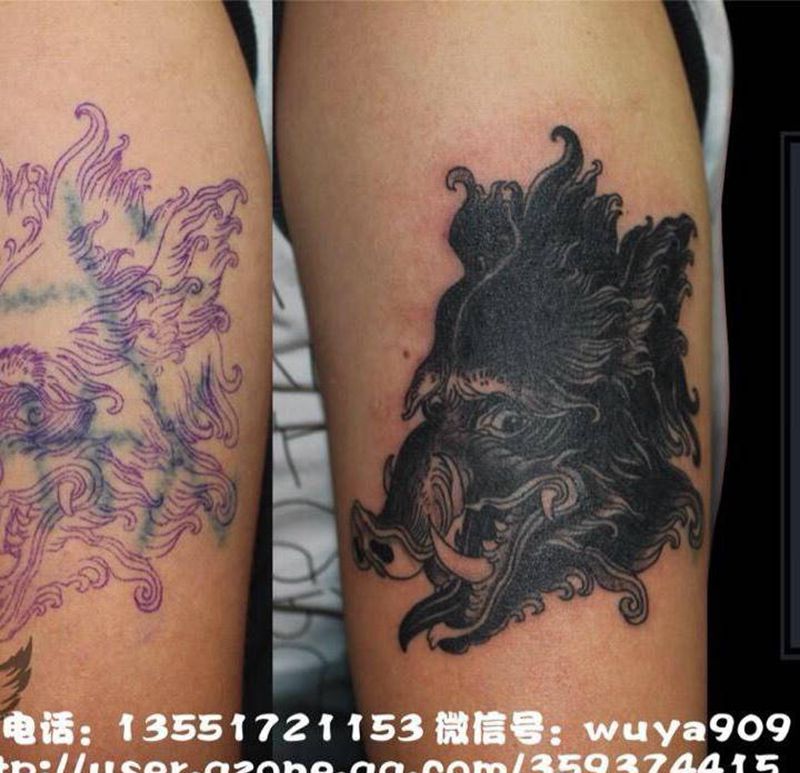 猪刚鬣   遮盖纹身图片_手臂新传统老传统纹身图案