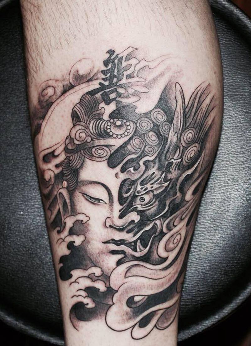 善恶一念之间纹身图片_腿部新传统老传统纹身图案